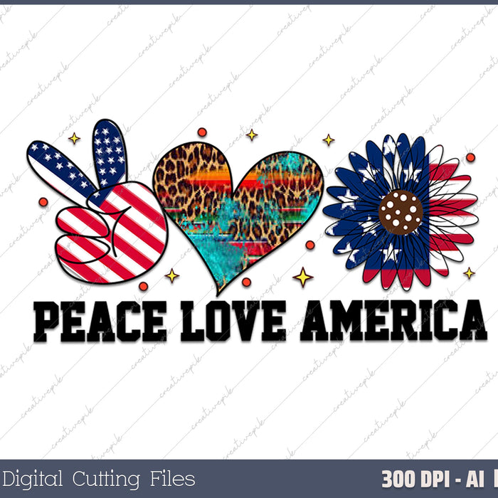 Peace Love America Daisy 4th July Patriotic US American Flag 