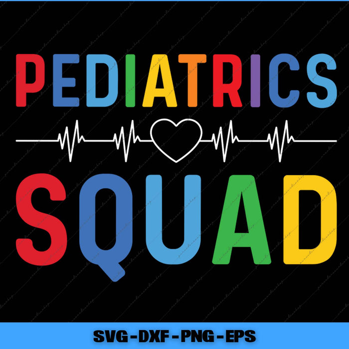 Colorful 'Pediatrics Squad' design with heart rate lines on a black background