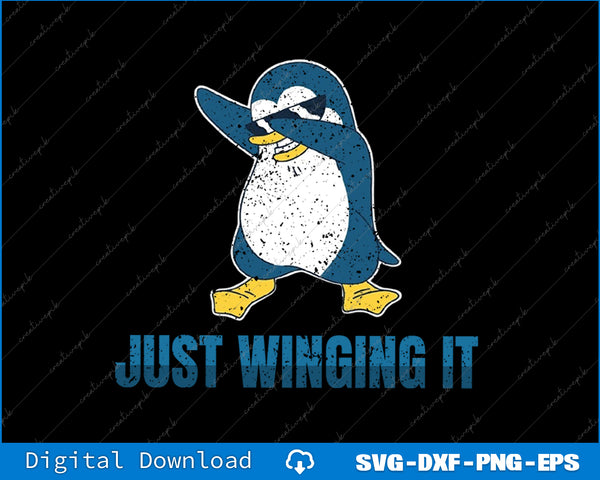 Penguin with a hat and sunglasses and text 'Just Winging It' on a black background