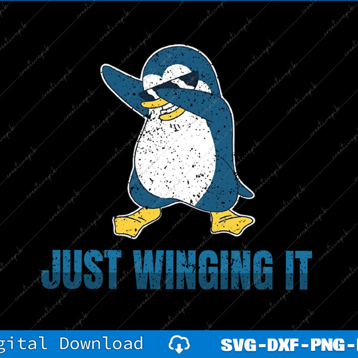 Penguin with a hat and sunglasses and text 'Just Winging It' on a black background