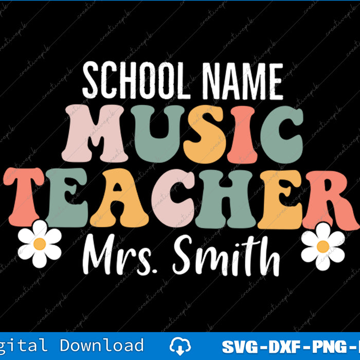 Personalized music teacher shirt design with colorful text and flowers on a black background.