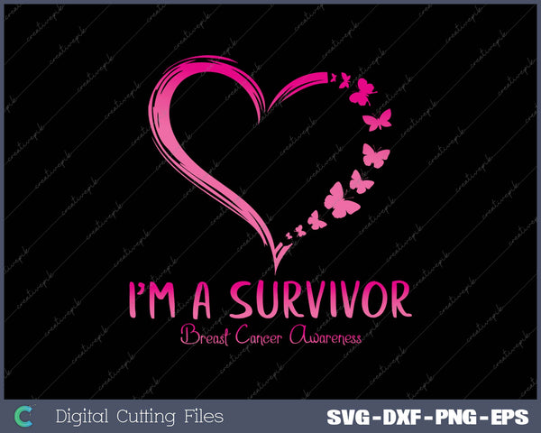 Pink heart with butterflies and 'I'm a Survivor' text on a black background, related to breast cancer awareness.