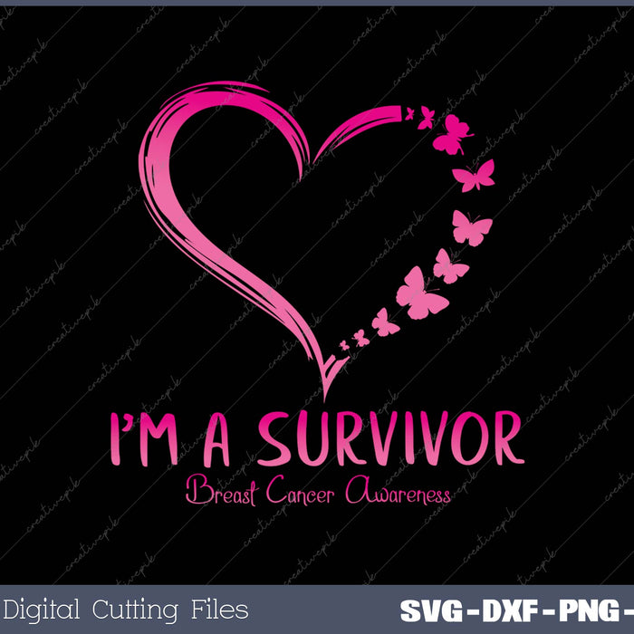 Pink heart with butterflies and 'I'm a Survivor' text on a black background, related to breast cancer awareness.