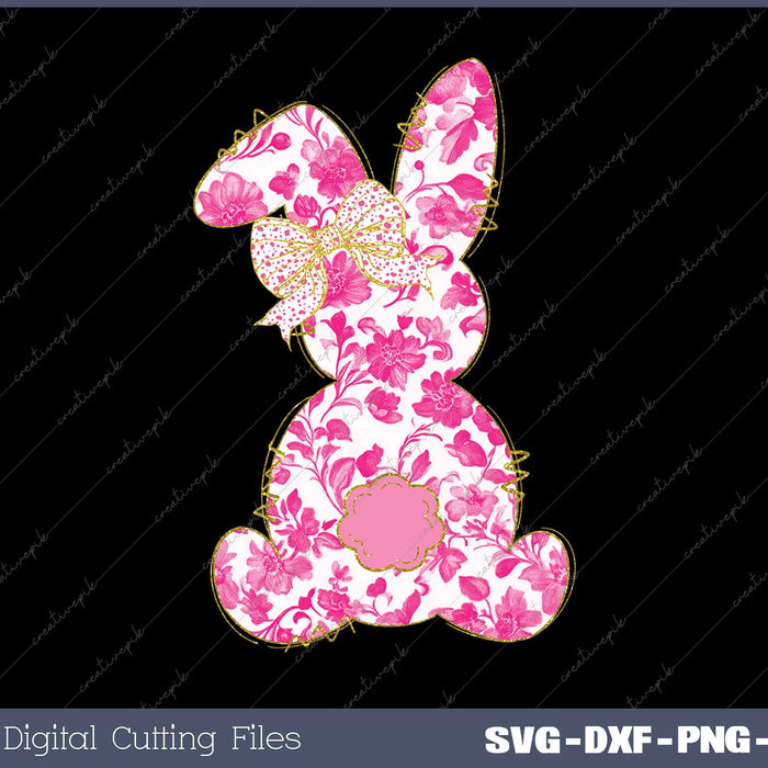 Pink Floral Chinoiserie Bunny Happy Easter SVG PNG Cutting Printable Files