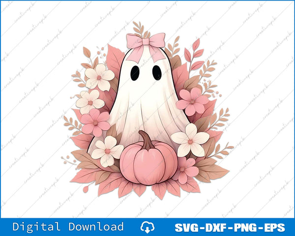Cartoon ghost with a bow, pumpkin, and flowers on a white background