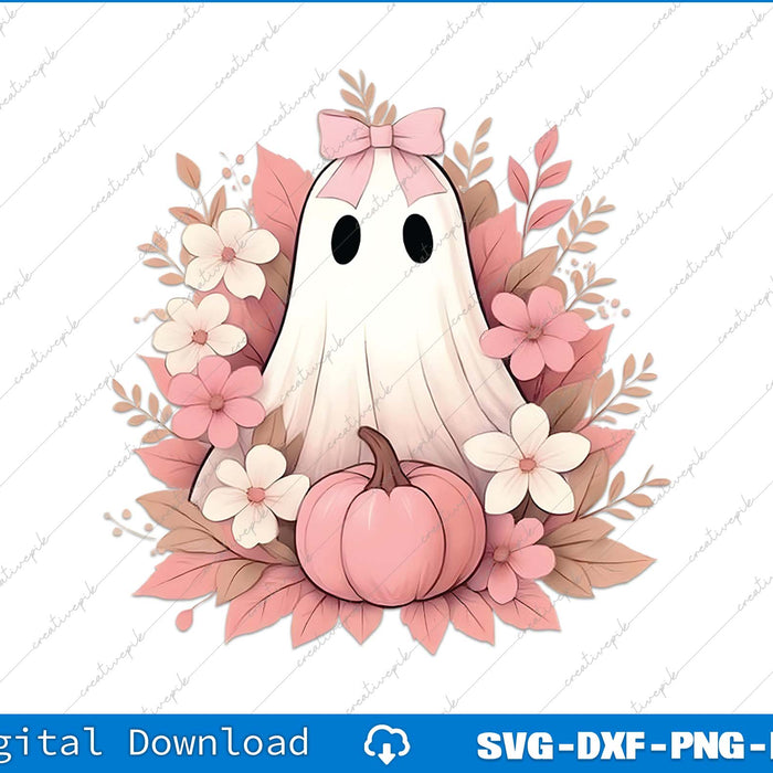 Cartoon ghost with a bow, pumpkin, and flowers on a white background