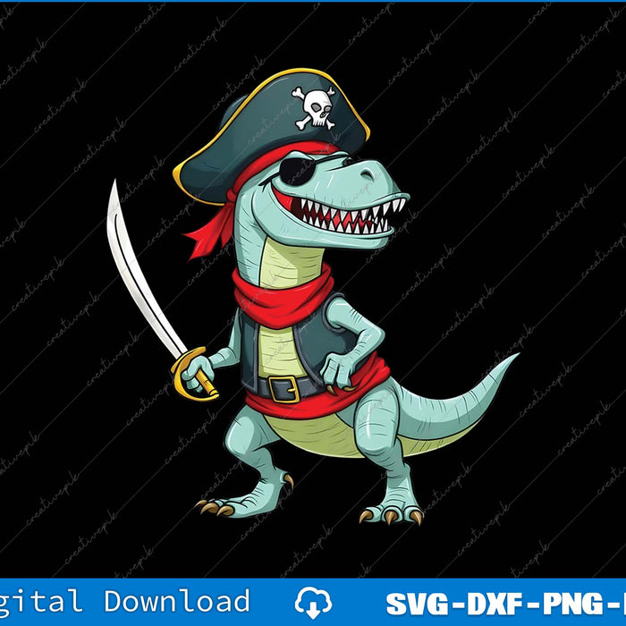 Pirate dinosaur with a sword on a black background