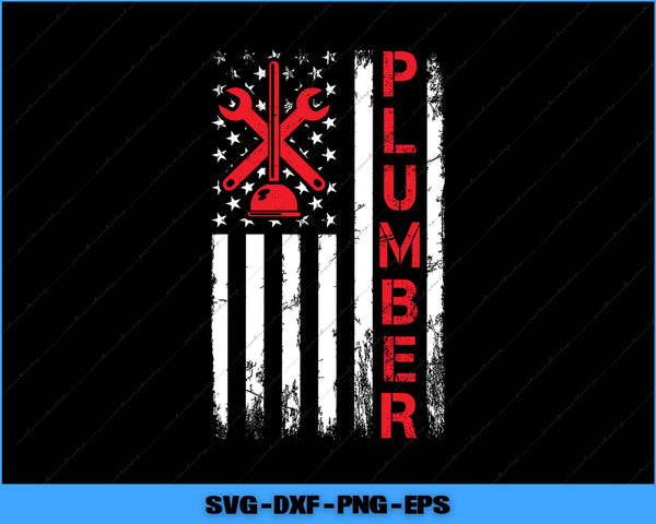 American flag design with plumber tools and the word 'Plumber' on a black background.