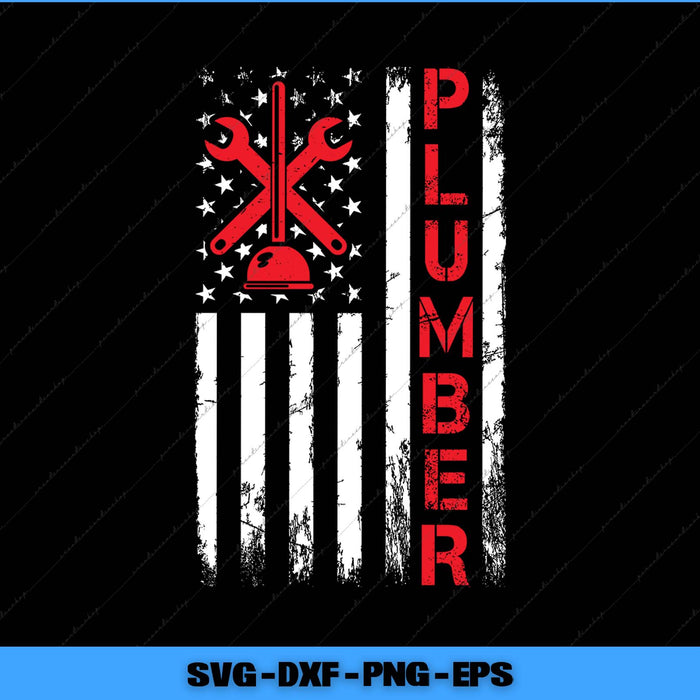 American flag design with plumber tools and the word 'Plumber' on a black background.