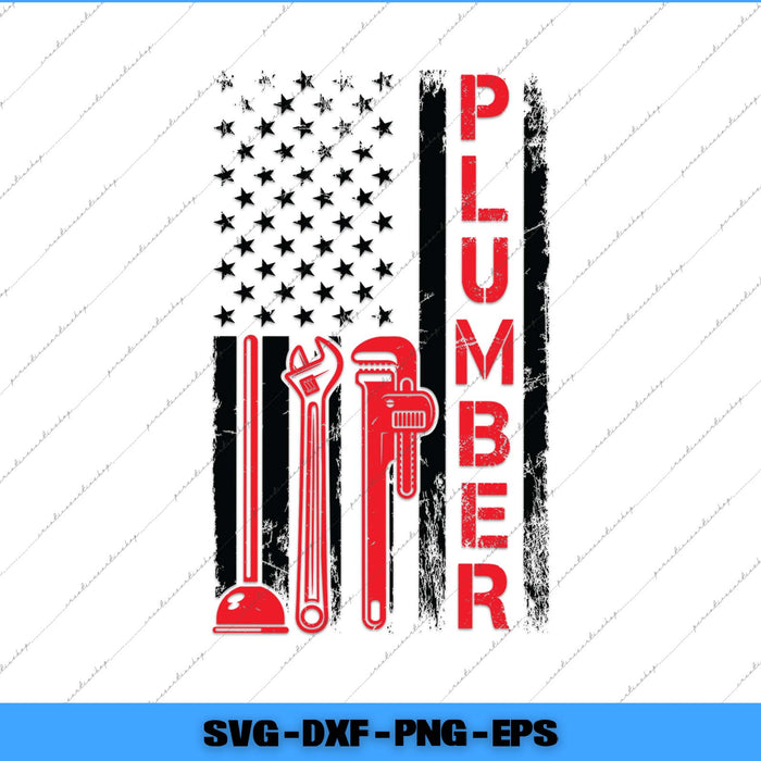 American flag design with plumber tools and the word 'Plumber' on a white background.