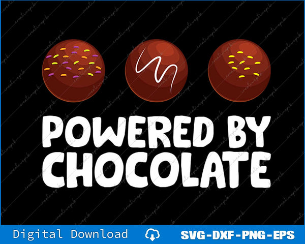 Three chocolate balls with decorative elements above the text 'Powered by Chocolate' on a black background.