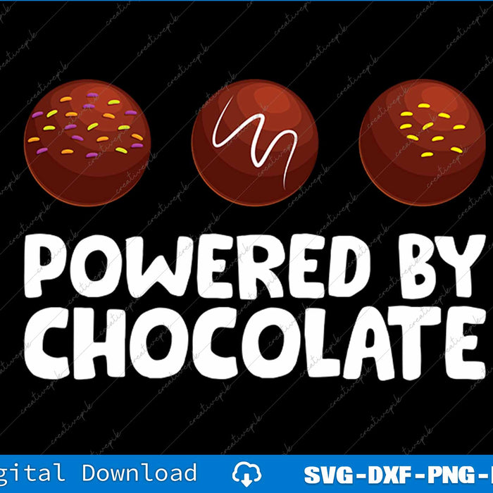 Three chocolate balls with decorative elements above the text 'Powered by Chocolate' on a black background.