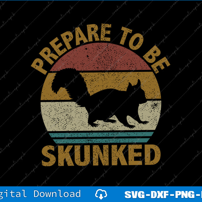 Vintage-style graphic with a silhouette of a skunk and text 'Prepare to be Skunked' on a colorful background.