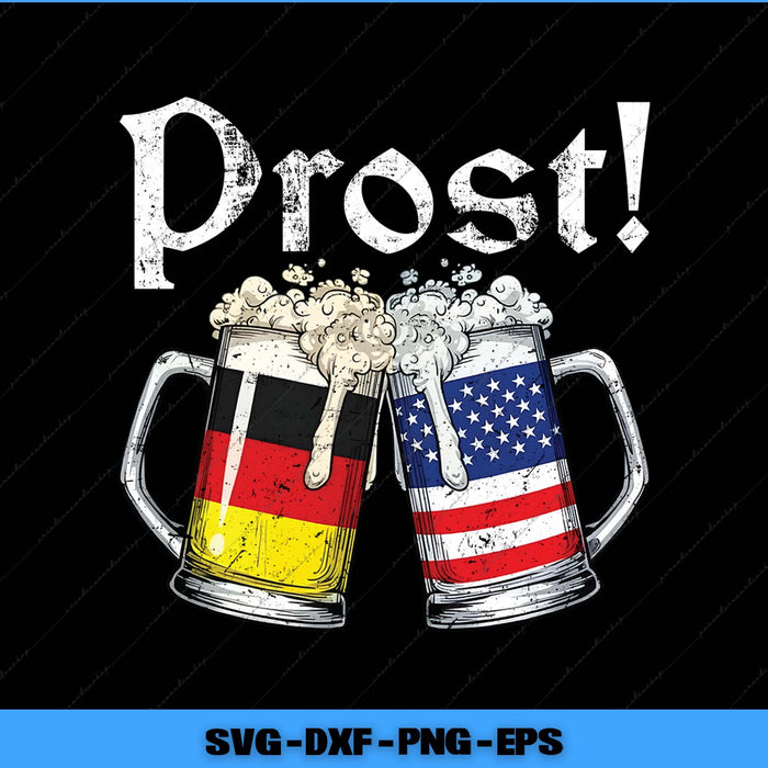 Two beer mugs with German and American flags clinking together, featuring the word 'Prost!' on a black background.