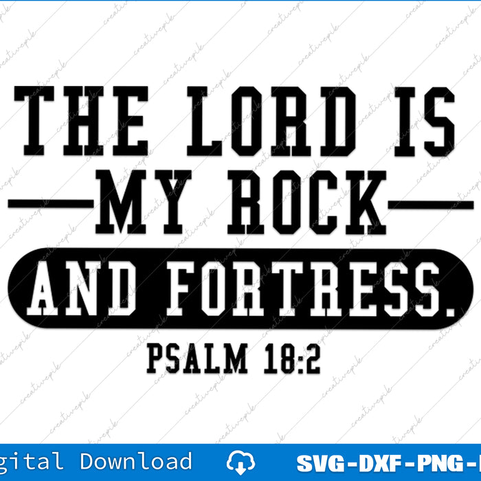 Text graphic with 'The Lord is my rock and fortress' quote from Psalm 18:2 on a white background.