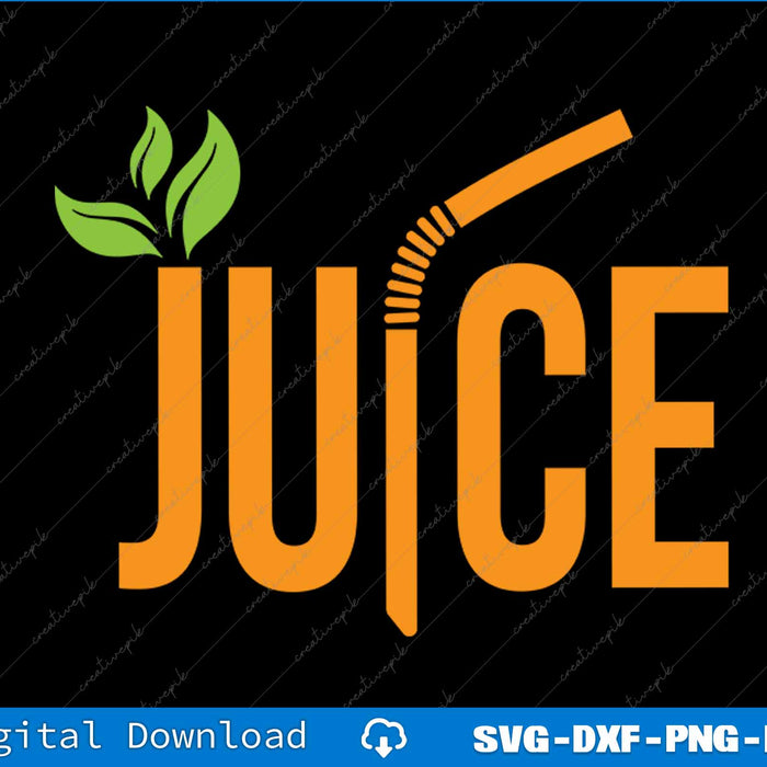 Logo with 'Juice' text, green leaves, and a straw on a black background