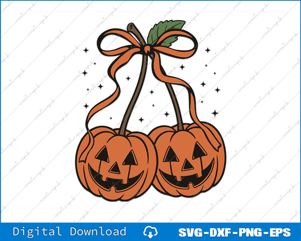 Two pumpkins with jack-o'-lantern faces tied together with ribbons on a white background.