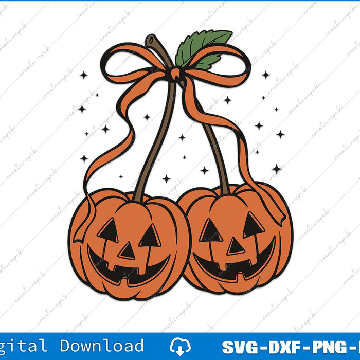 Two pumpkins with jack-o'-lantern faces tied together with ribbons on a white background.