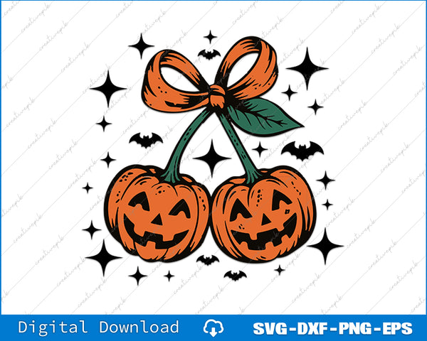Two jack-o'-lanterns with a bow on a white background with star and bat decorations, digital download options at the bottom.
