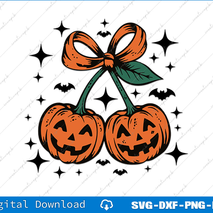 Two jack-o'-lanterns with a bow on a white background with star and bat decorations, digital download options at the bottom.