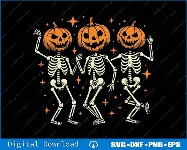 Four skeletons with pumpkin heads on a black background with orange stars.