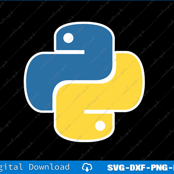 Python logo in blue and yellow on a black background with digital file formats listed below.