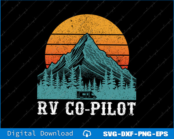 Vintage-style graphic with mountain, trees, and RV with 'RV Co-Pilot' text on a black background.