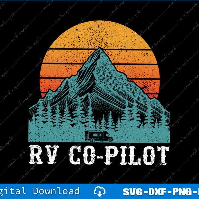 Vintage-style graphic with mountain, trees, and RV with 'RV Co-Pilot' text on a black background.