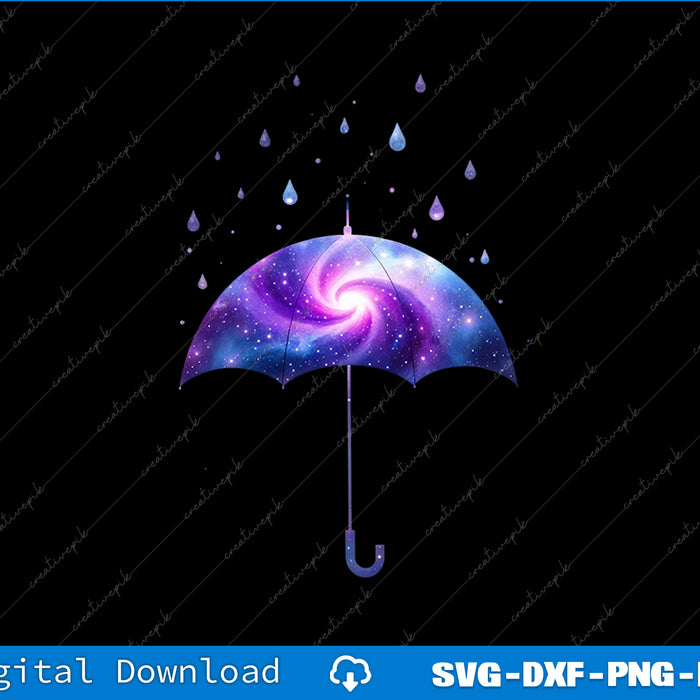 Colorful galaxy-themed umbrella with raindrops on a black background