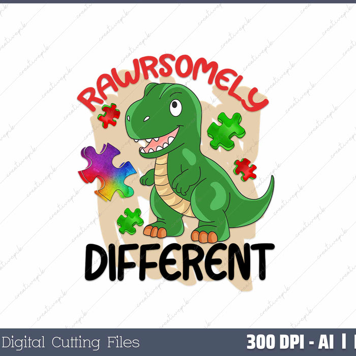 Rawrsomely Different Dinosaur Autism Awareness AI PNG Sublimation File