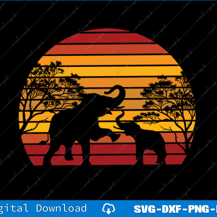 Silhouette of two elephants with a sunset and trees in the background, suitable for digital download.