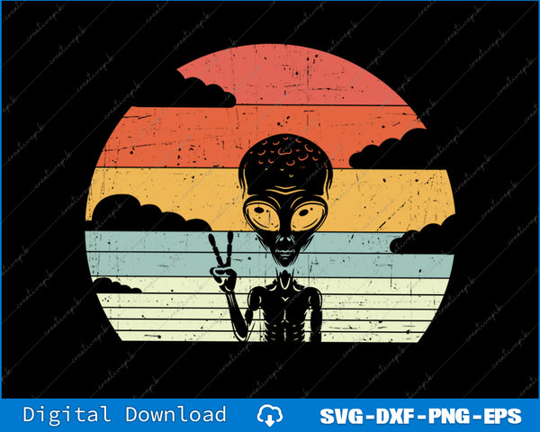 Vintage-style graphic of an alien giving a peace sign with a colorful sunset in the background.