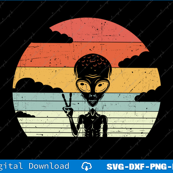 Vintage-style graphic of an alien giving a peace sign with a colorful sunset in the background.