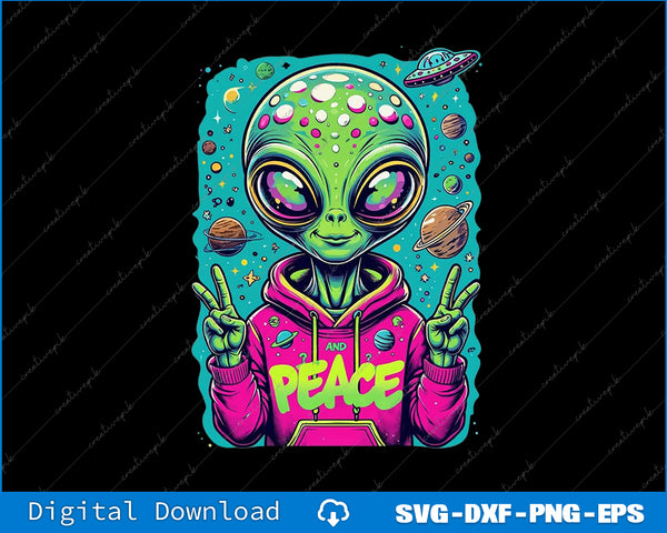 Colorful alien in a pink hoodie with 'PEACE' text, surrounded by space-themed elements on a black background.