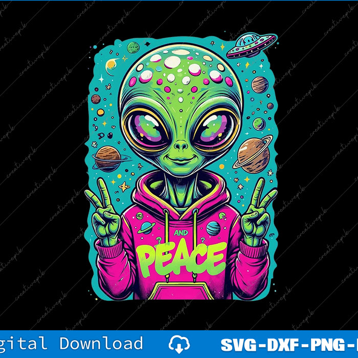 Colorful alien in a pink hoodie with 'PEACE' text, surrounded by space-themed elements on a black background.