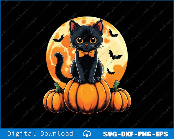 Black cat on pumpkins with a full moon and bats in the background