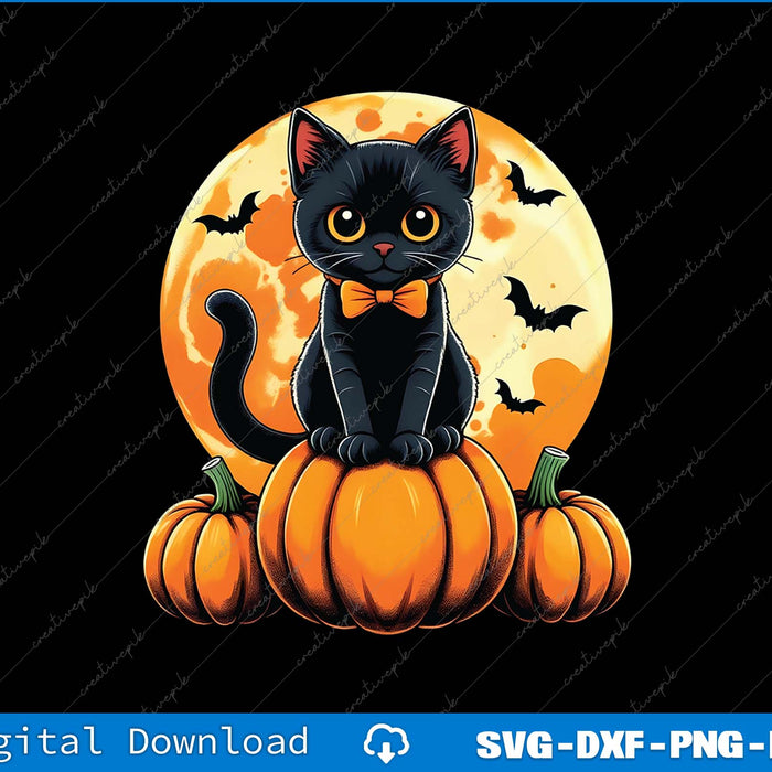 Black cat on pumpkins with a full moon and bats in the background