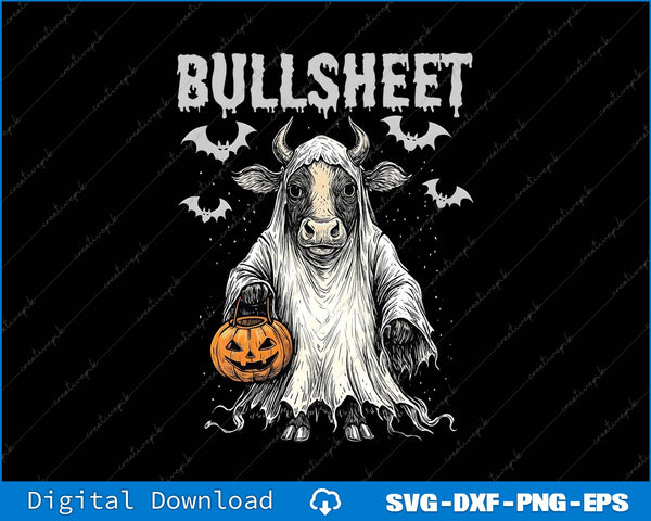 Ghostly cow holding a pumpkin with bats and 'BULLSHEET' text on a black background