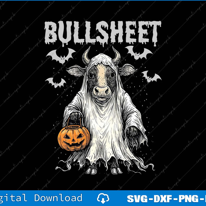 Ghostly cow holding a pumpkin with bats and 'BULLSHEET' text on a black background