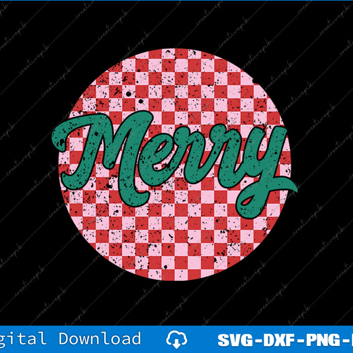 Checkered circle with 'Merry' text on a black background