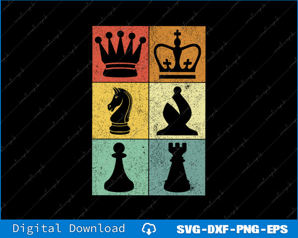 Retro Chess Player Men Women Kids Chess Pieces SVG PNG Printable File