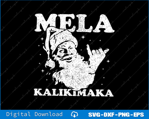 Vintage-style illustration of a character with 'Mela Kalikimaka' text on a black background.