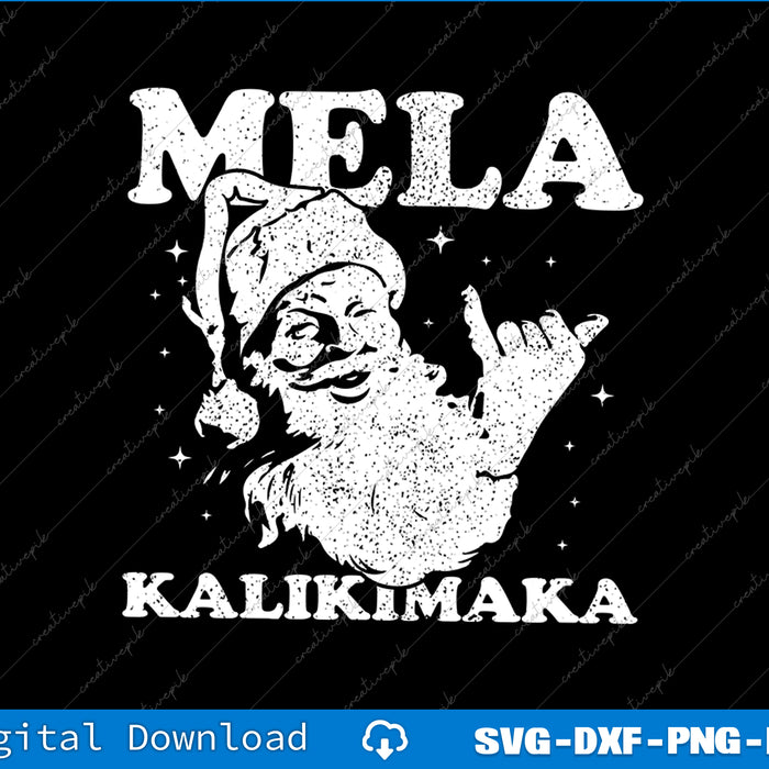 Vintage-style illustration of a character with 'Mela Kalikimaka' text on a black background.