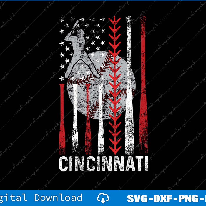 Retro Cincinnati American Flag Distressed Baseball SVG PNG Files