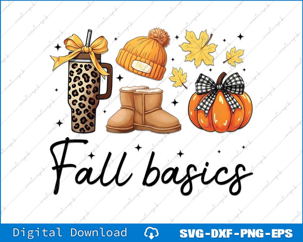 Illustration of fall-themed items including a mug, boots, leaves, and pumpkin with text 'Fall basics' on a white background.