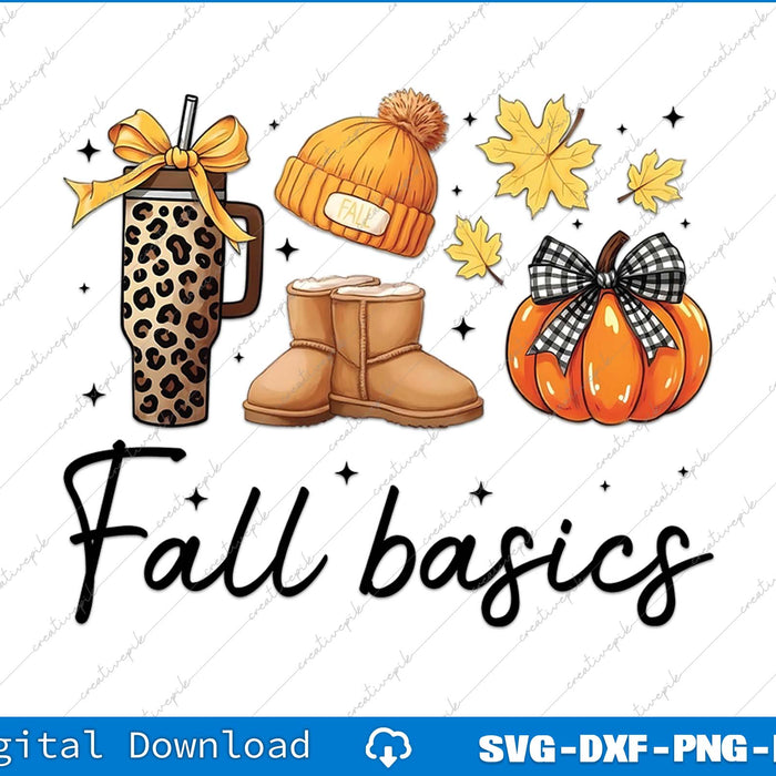 Illustration of fall-themed items including a mug, boots, leaves, and pumpkin with text 'Fall basics' on a white background.