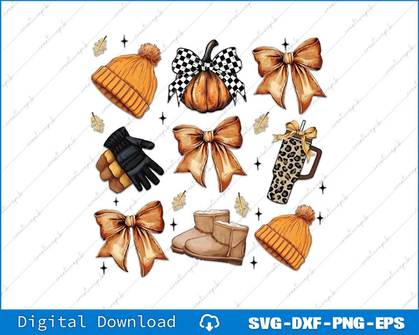 Collection of autumn-themed items including a hat, pumpkin, bows, boots, and a mug on a white background.