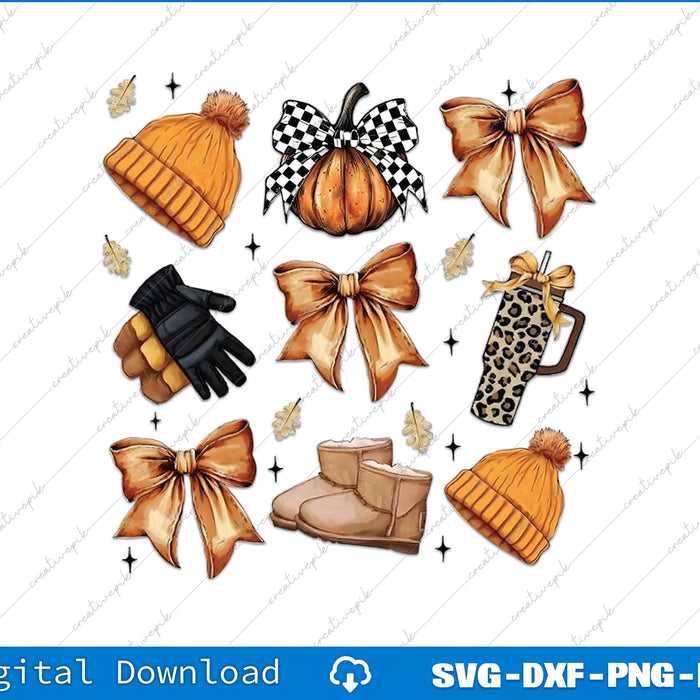 Collection of autumn-themed items including a hat, pumpkin, bows, boots, and a mug on a white background.