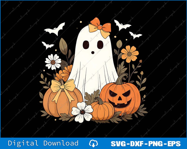 Halloween-themed design with ghost, pumpkins, and flowers on a black background