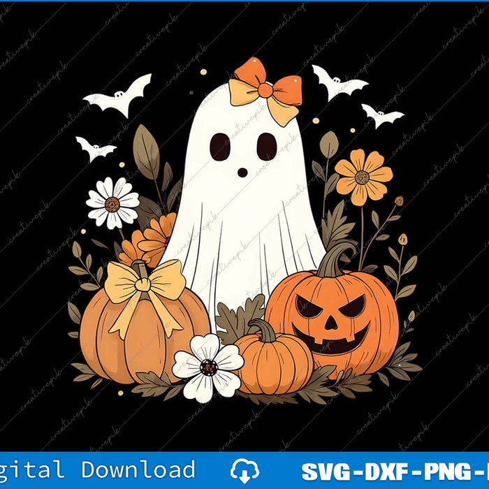 Halloween-themed design with ghost, pumpkins, and flowers on a black background